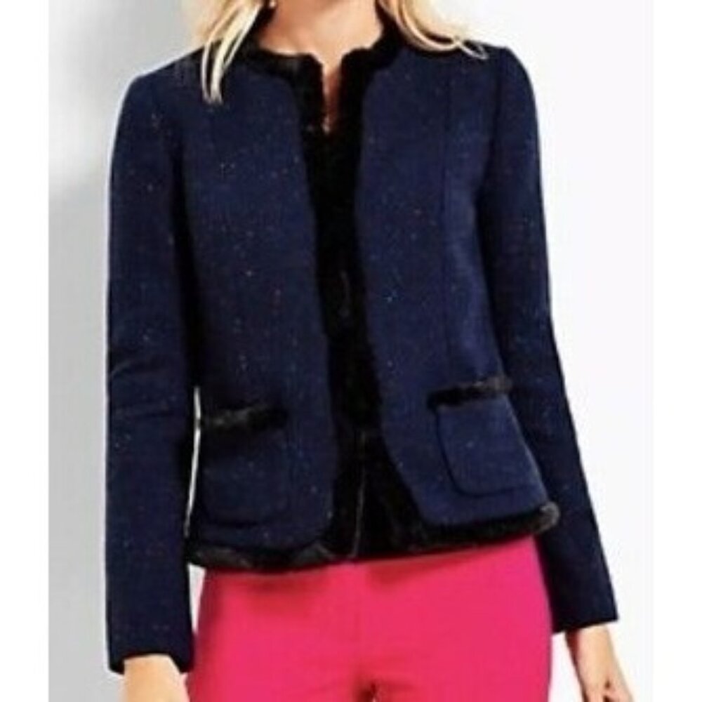 Talbots Womens Navy Speckled Tweed Faux Fur Blazer‎ Jacket Size 10